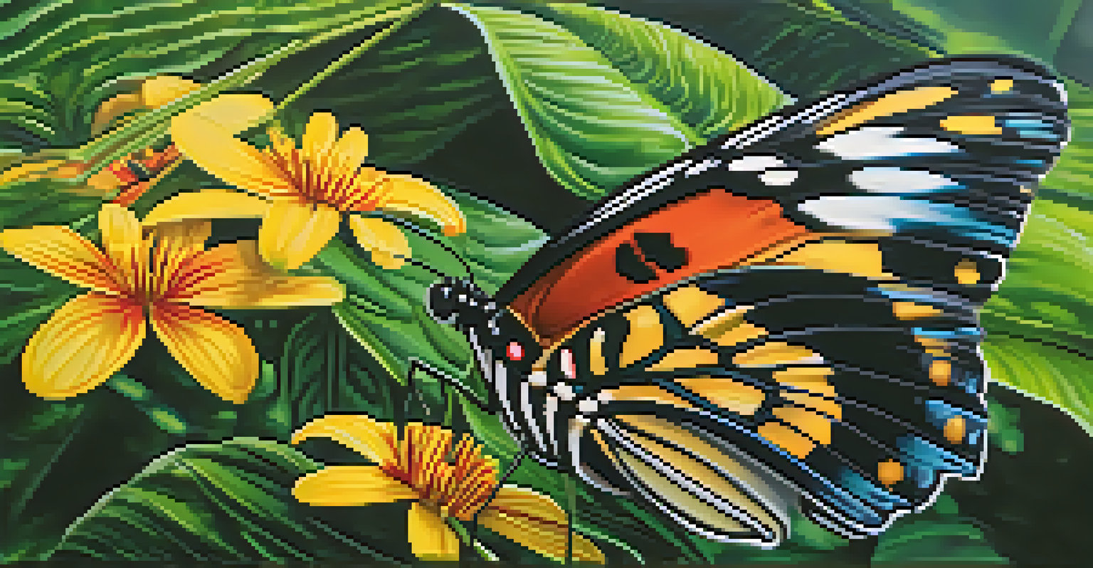 A close-up of a colorful butterfly on a leaf in the Amazon rainforest, with sunlight filtering through the foliage and colorful flowers in the background.