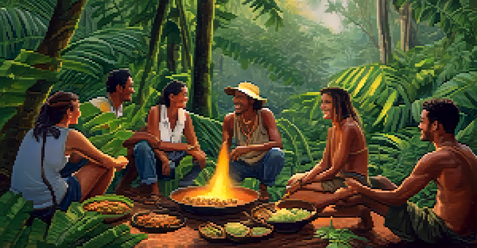 Travelers participating in a guided tour in the rainforest, engaging in local cooking practices.