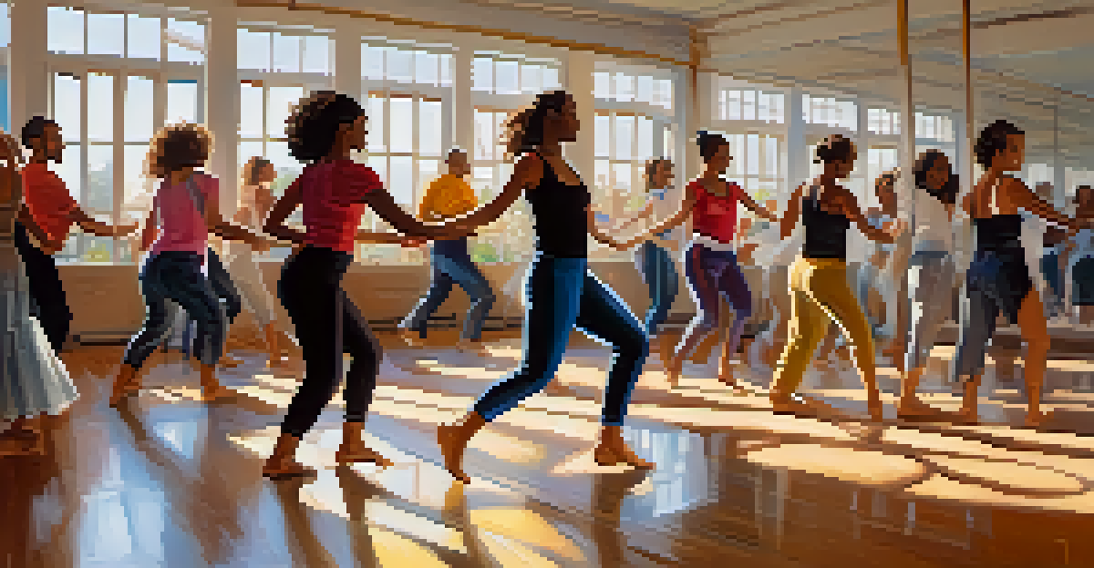 Participants learning samba dance steps in a bright workshop, with mirrors reflecting their movements and natural light illuminating the space.