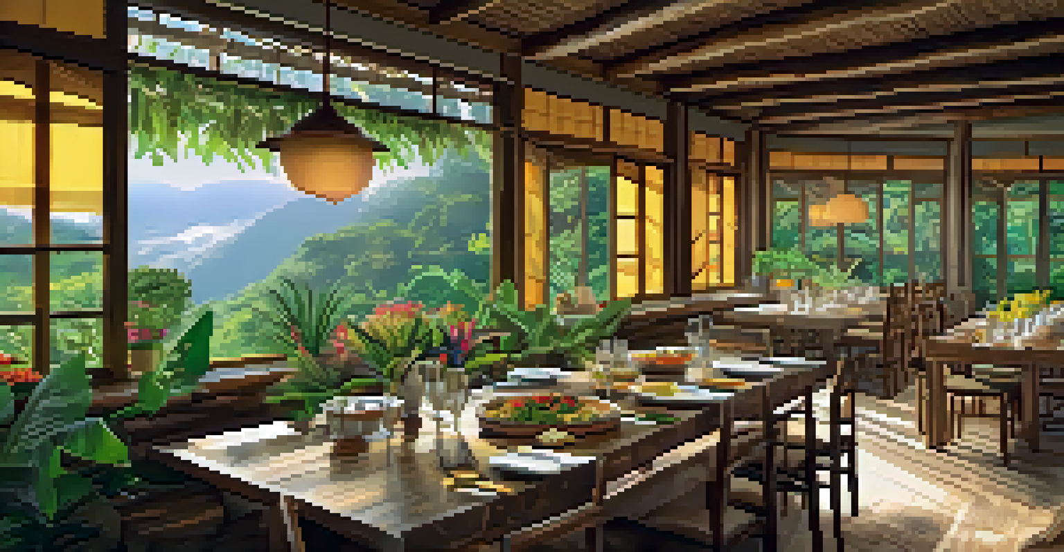 A dining area in an eco-lodge with a spread of fresh Brazilian dishes and natural decor.
