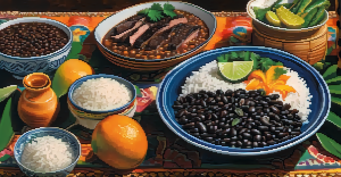 A table set with a traditional Brazilian feijoada dish, accompanied by orange slices and rice, surrounded by tropical plants.