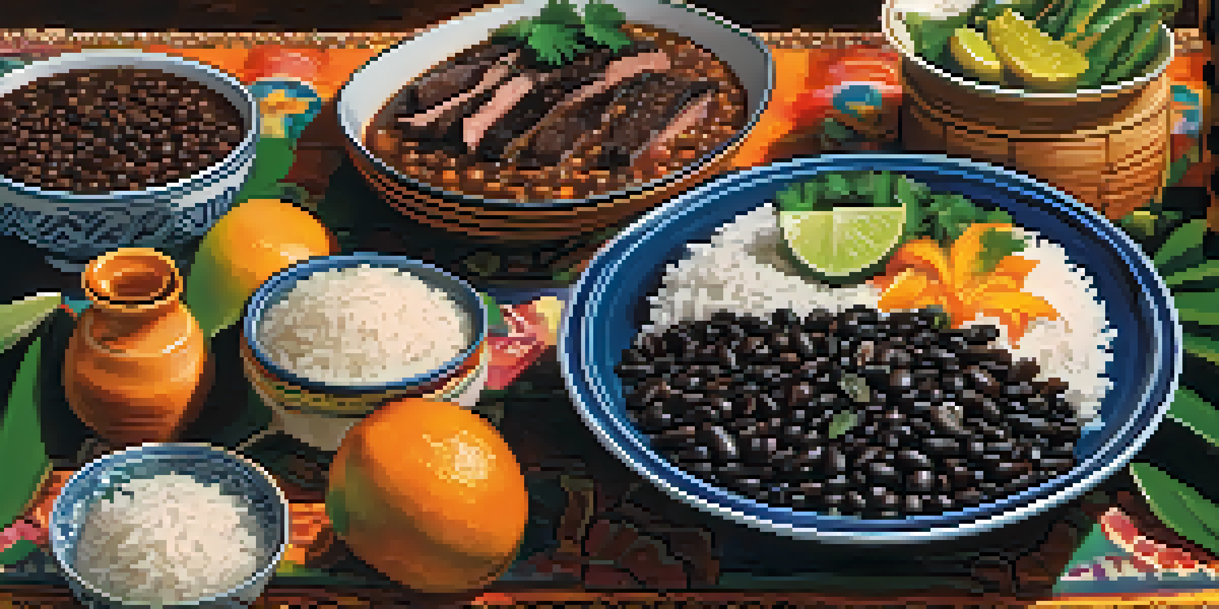 A table set with a traditional Brazilian feijoada dish, accompanied by orange slices and rice, surrounded by tropical plants.