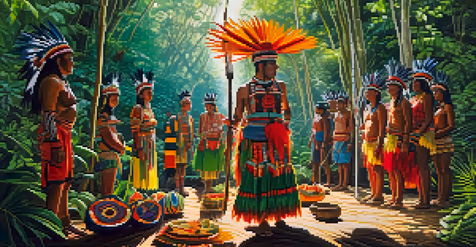 A traditional Indigenous ceremony in Brazil with participants in colorful attire surrounded by rainforest, with sunlight filtering through the trees.