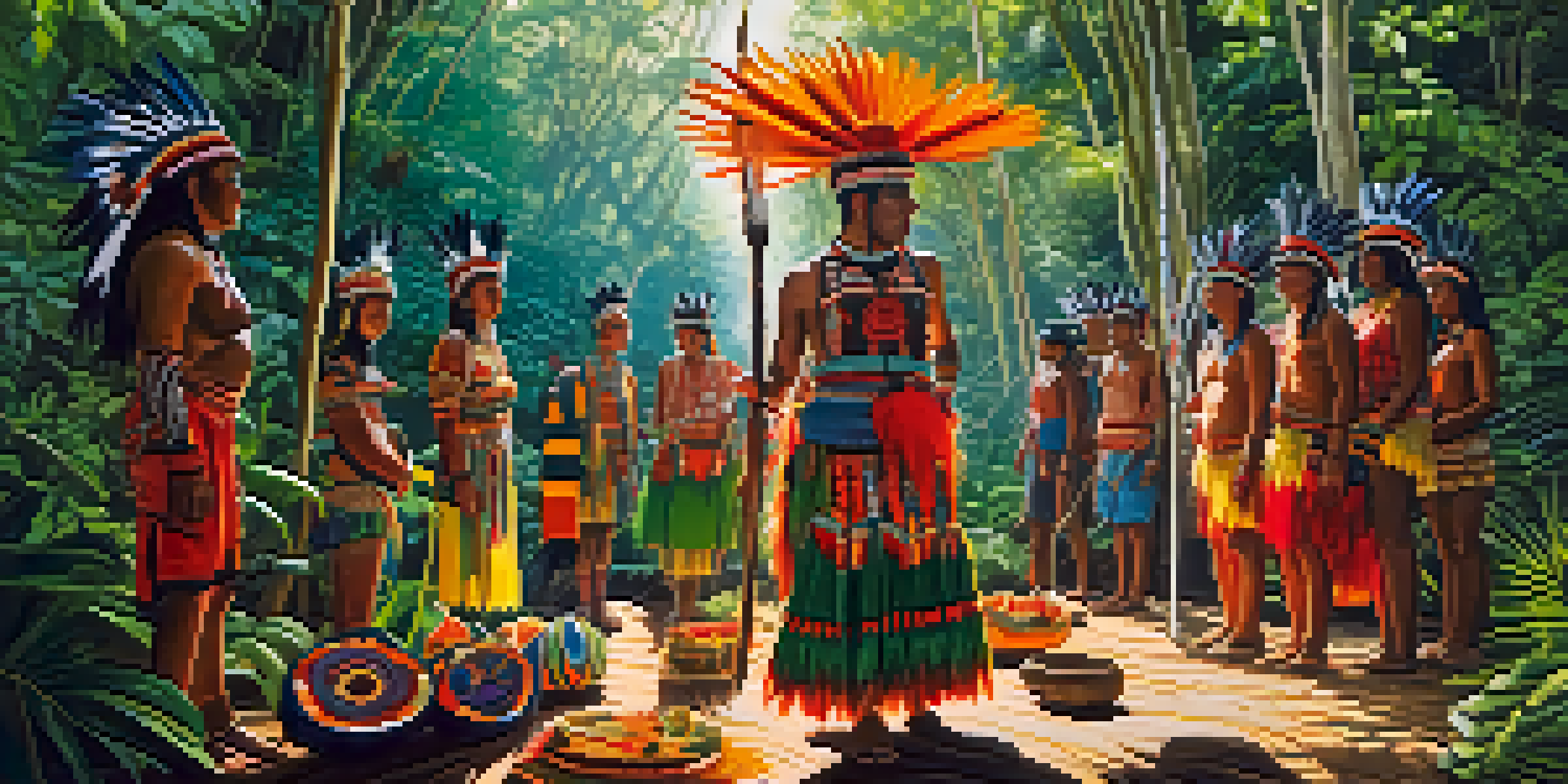 A traditional Indigenous ceremony in Brazil with participants in colorful attire surrounded by rainforest, with sunlight filtering through the trees.