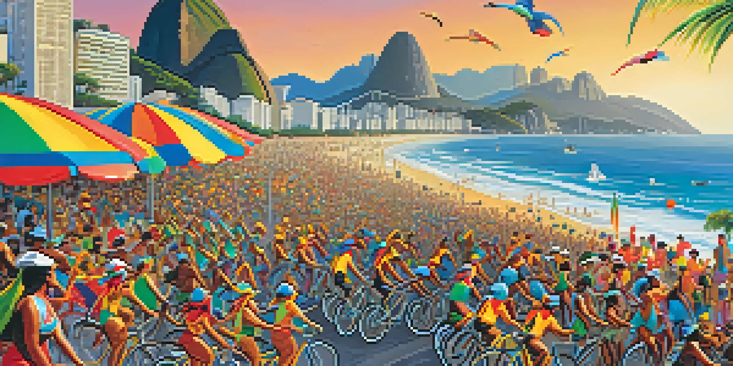 Cyclists in colorful costumes riding along Copacabana Beach during the Rio de Janeiro cycling carnival, with samba dancers in the background and a sunset casting a golden glow.