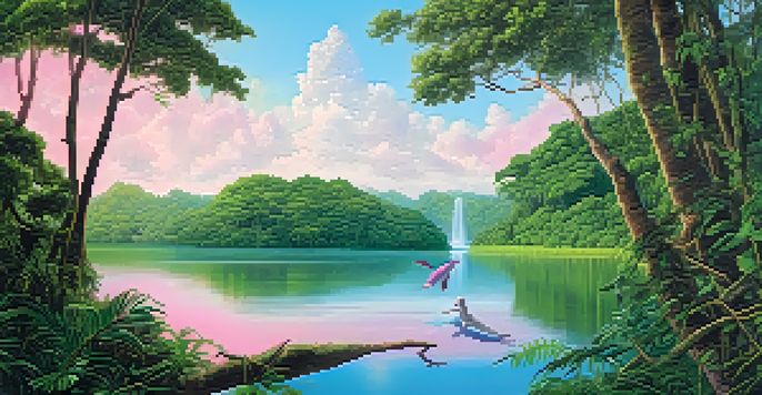 A lush Amazon rainforest scene with a pink river dolphin swimming in the foreground and sloths hanging from trees, illuminated by sunlight.