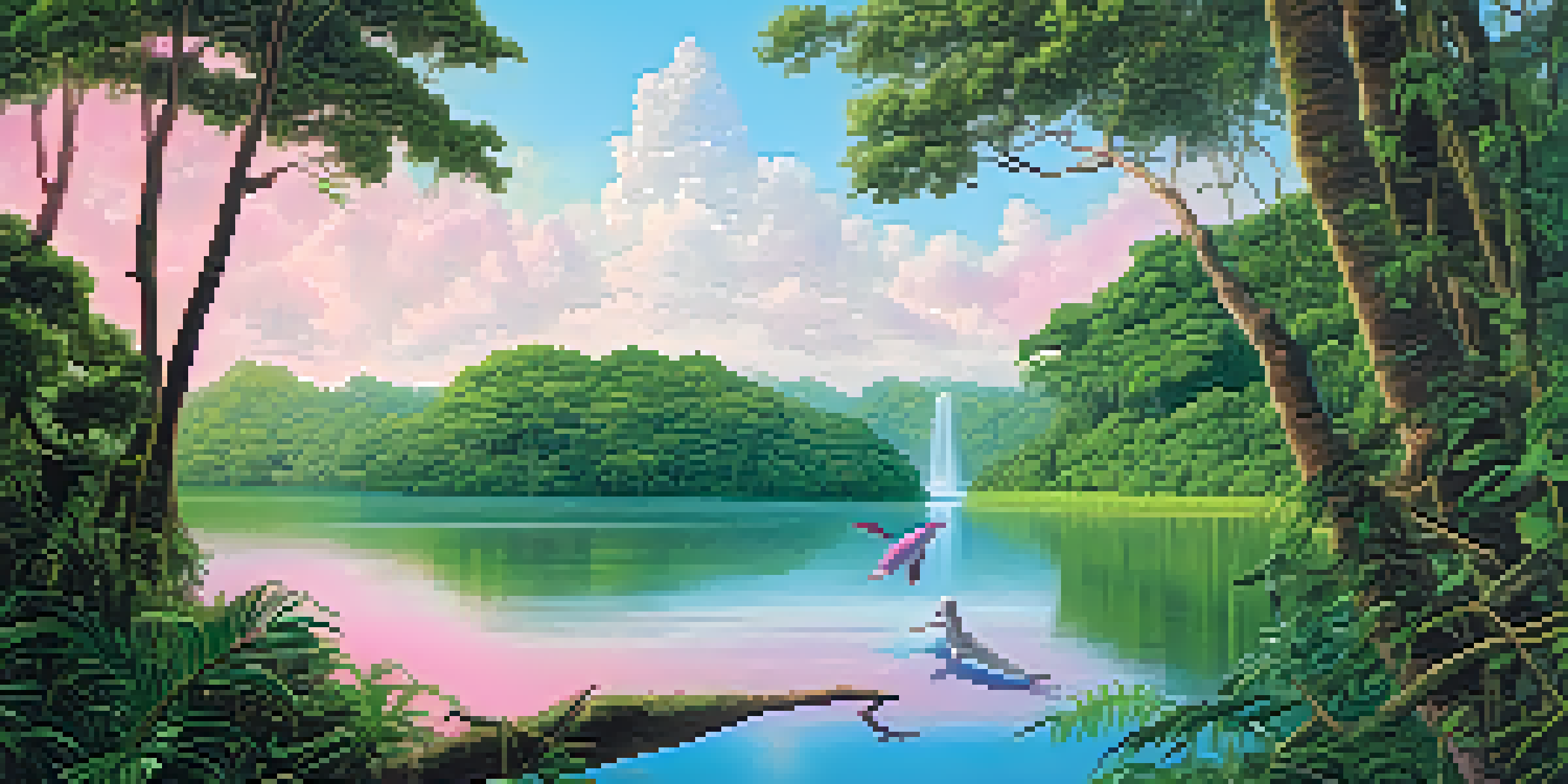 A lush Amazon rainforest scene with a pink river dolphin swimming in the foreground and sloths hanging from trees, illuminated by sunlight.