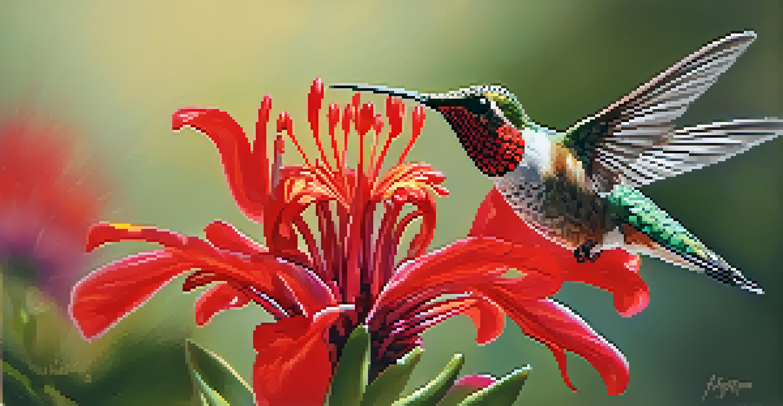A close-up view of a hummingbird hovering near a red flower, showcasing its iridescent feathers.