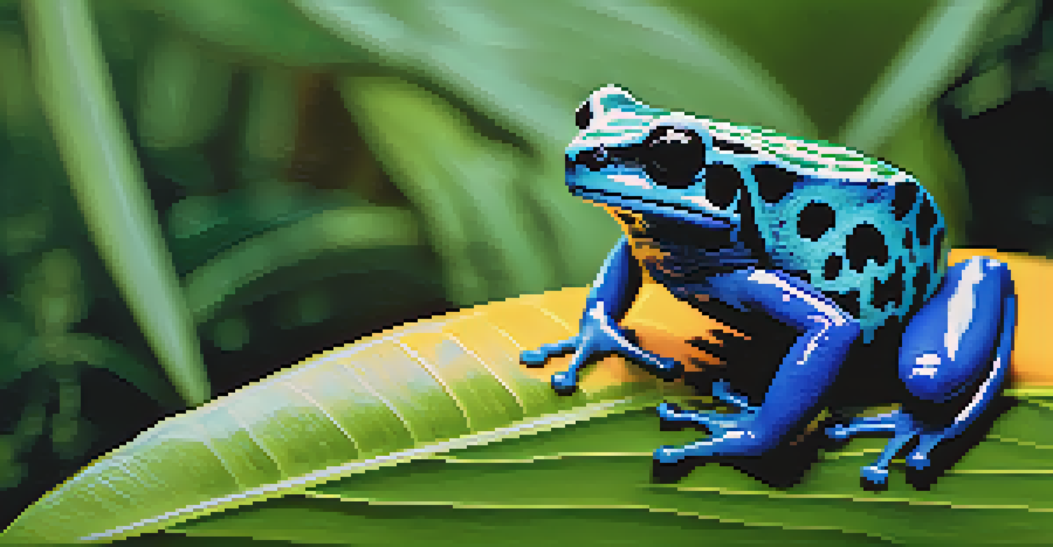 A colorful poison dart frog sitting on a leaf in the Amazon Rainforest, surrounded by green foliage, with sunlight illuminating its vibrant colors.