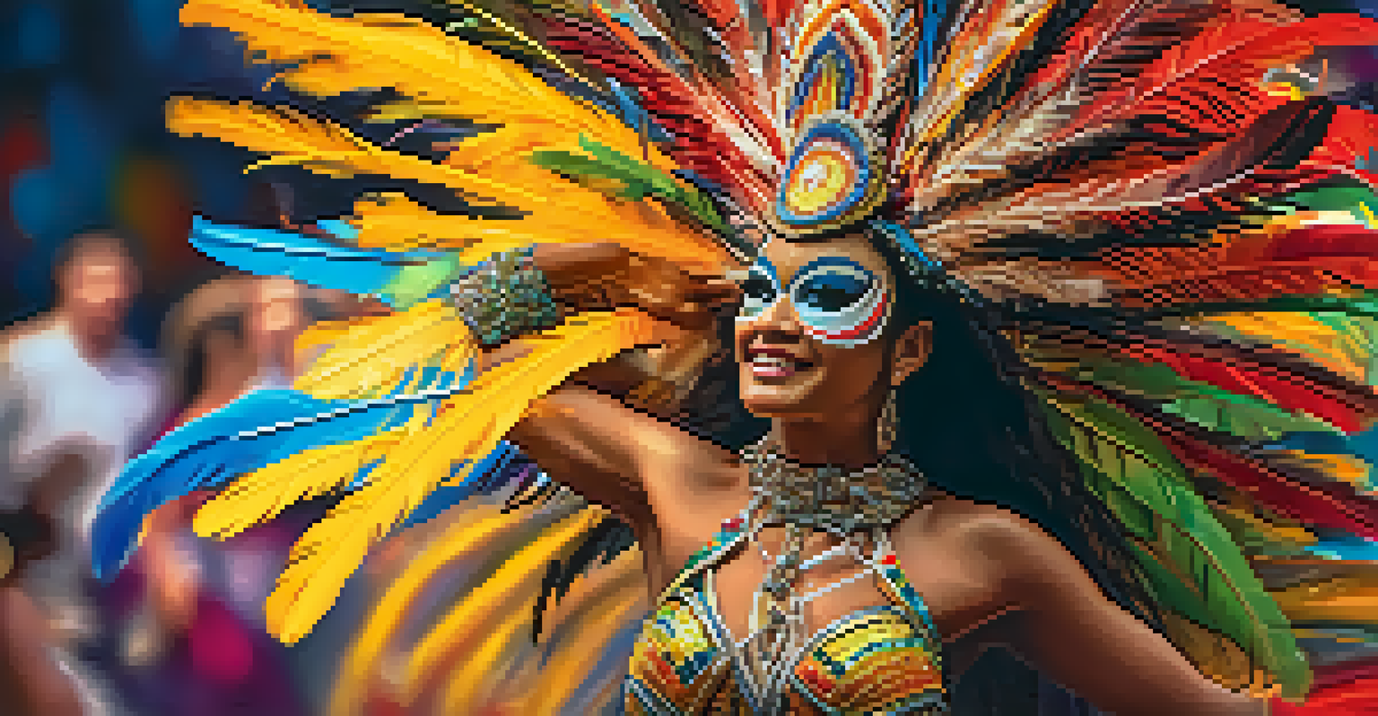 A close-up of a samba dancer in a detailed costume with feathers and sequins, set against a blurred background of carnival festivities.