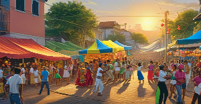 A lively street scene filled with people in colorful costumes celebrating a Brazilian festival, with street vendors and a warm sunset in the background.