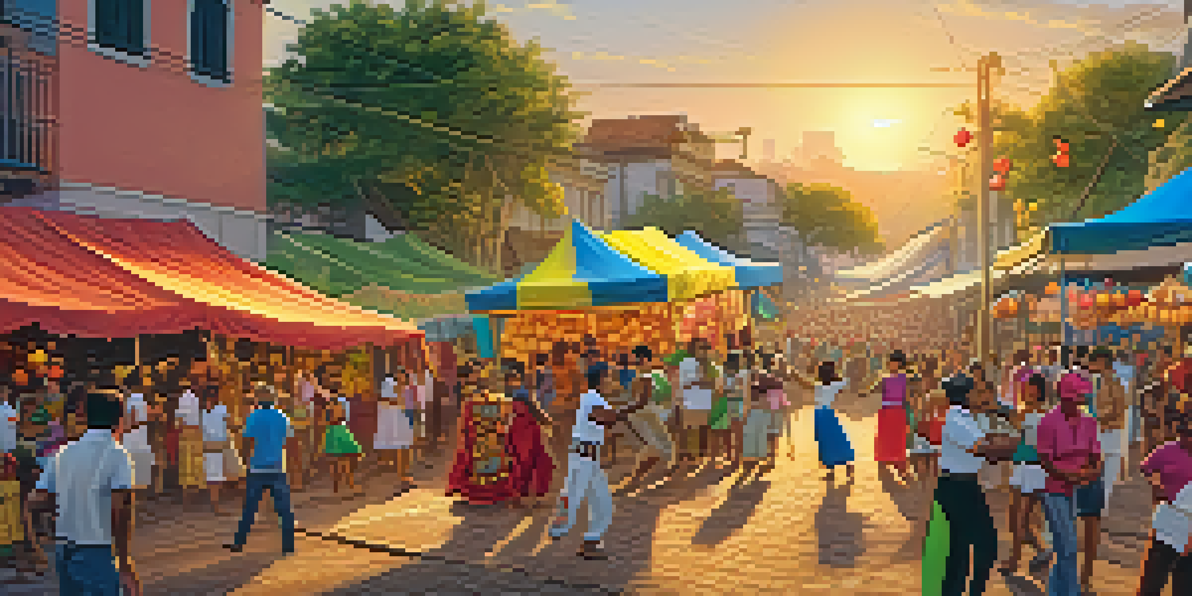 A lively street scene filled with people in colorful costumes celebrating a Brazilian festival, with street vendors and a warm sunset in the background.
