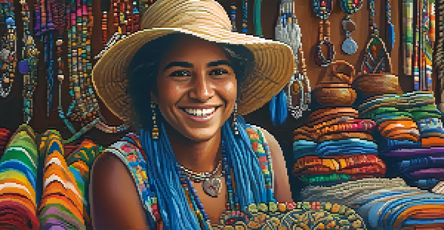A close-up of a smiling Brazilian vendor displaying handmade jewelry in a vibrant market setting, with colorful crafts in the background.