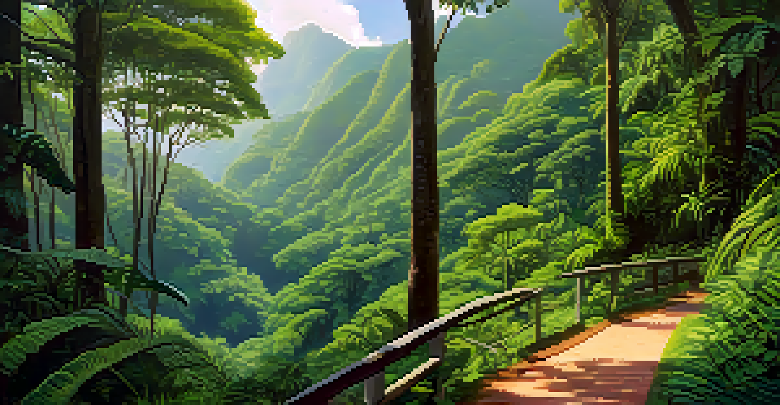 A lush trail in Tijuca National Park with diverse plants and sunlight filtering through the trees.