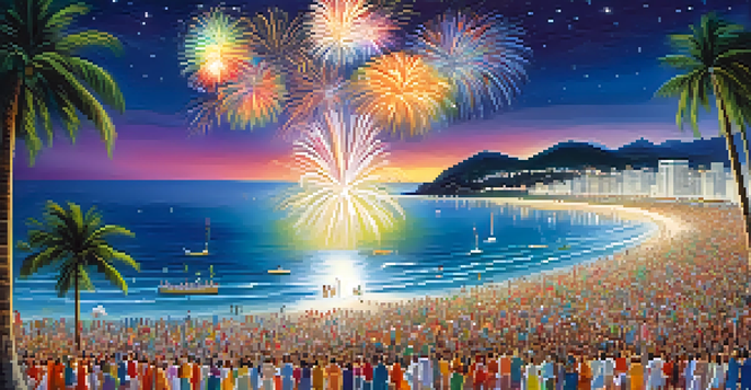 A crowded beach during New Year's Eve with people wearing white and colorful fireworks lighting up the night sky.