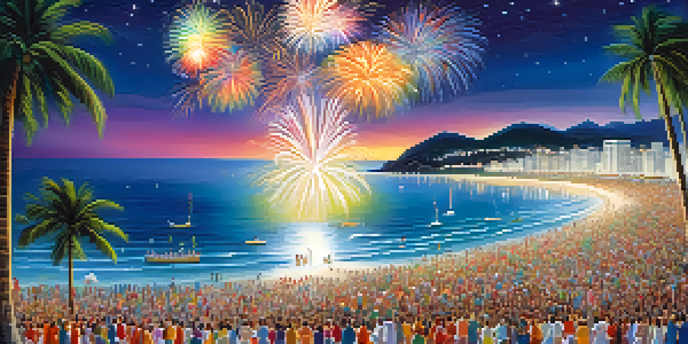A crowded beach during New Year's Eve with people wearing white and colorful fireworks lighting up the night sky.
