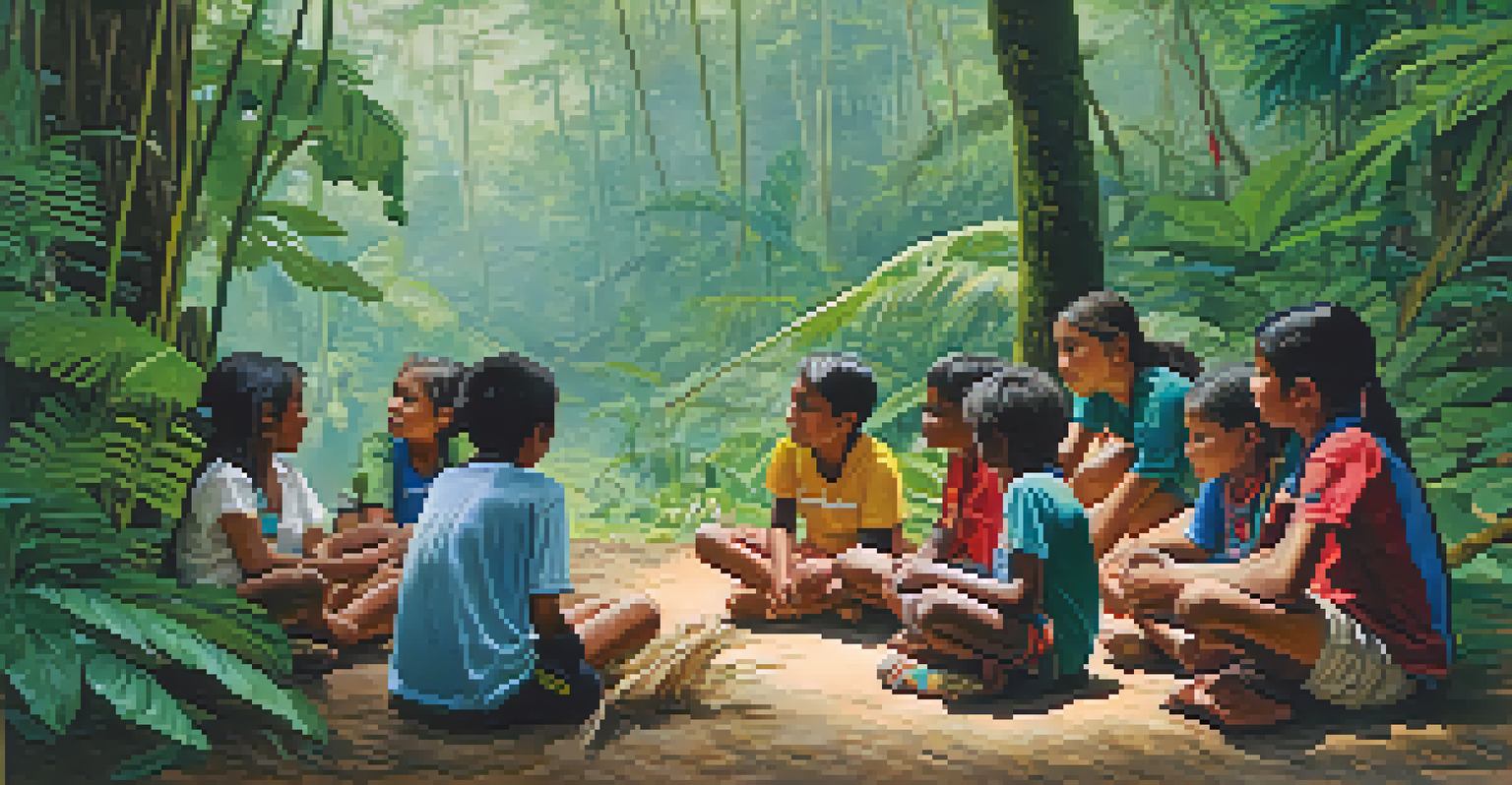 A volunteer teaching healthcare concepts to indigenous children in the Amazon rainforest, surrounded by lush greenery.