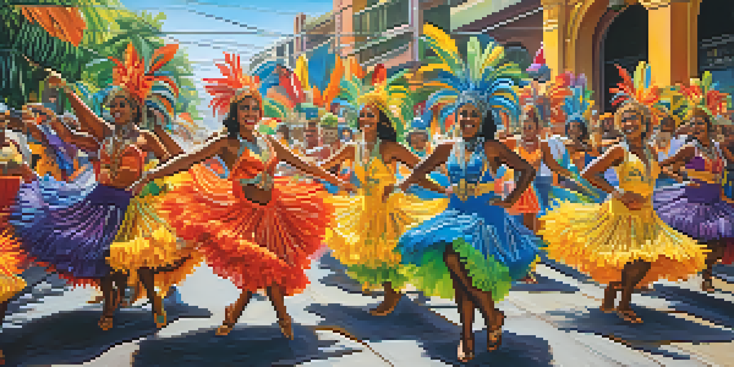 A colorful mural showing samba dancers in elaborate costumes, celebrating Carnival with bright decorations and lively expressions.