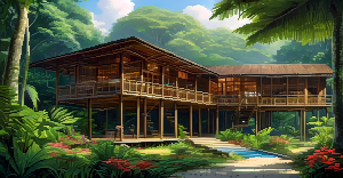 A peaceful eco-lodge in the Amazon rainforest with wooden architecture surrounded by vibrant trees and flowers, illuminated by sunlight.