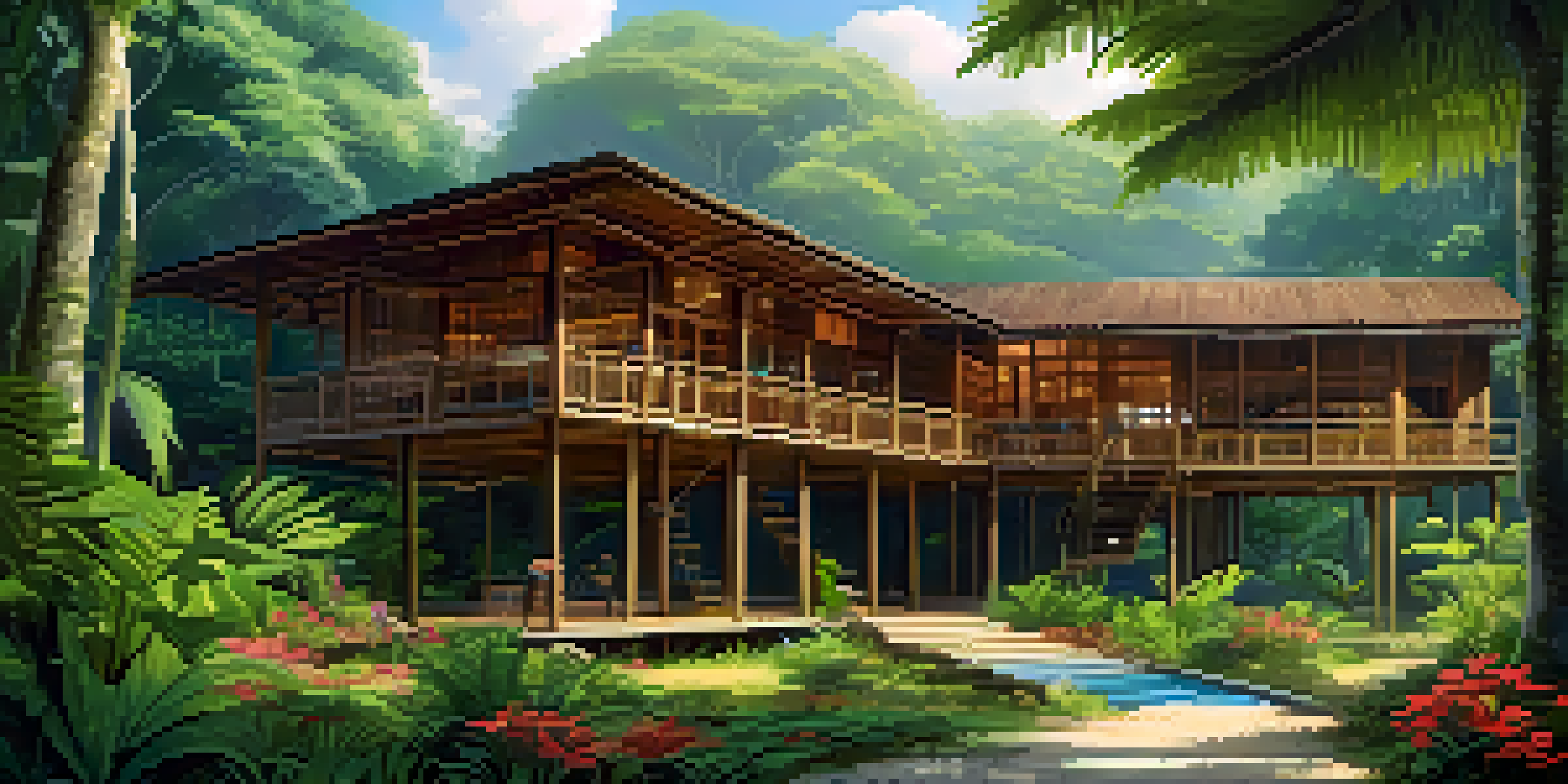 A peaceful eco-lodge in the Amazon rainforest with wooden architecture surrounded by vibrant trees and flowers, illuminated by sunlight.