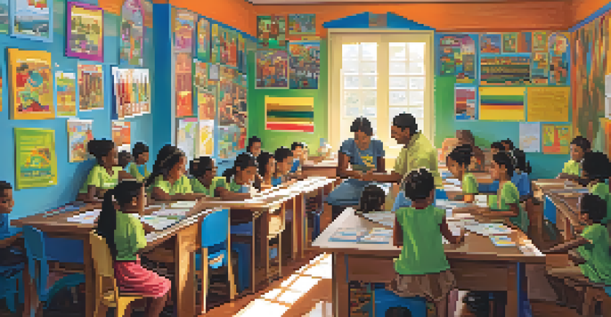 A bright classroom in Brazil where volunteers are engaging with local children, surrounded by educational materials and colorful artwork.