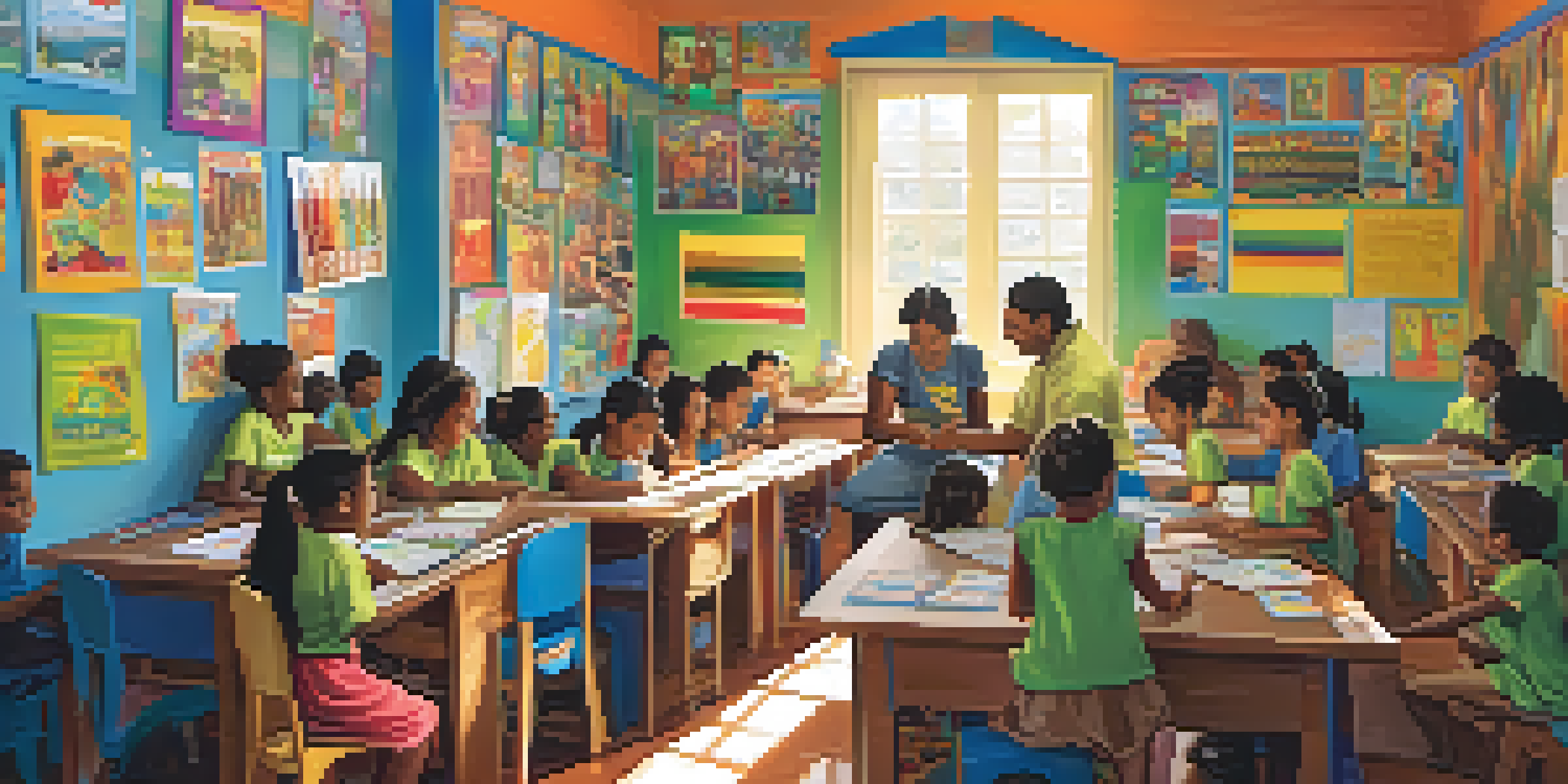 A bright classroom in Brazil where volunteers are engaging with local children, surrounded by educational materials and colorful artwork.