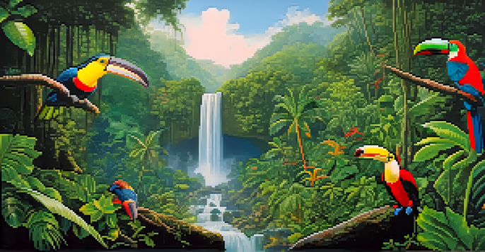 A colorful Amazon rainforest with toucans perched on trees, sunlight filtering through the leaves, and a waterfall in the background.
