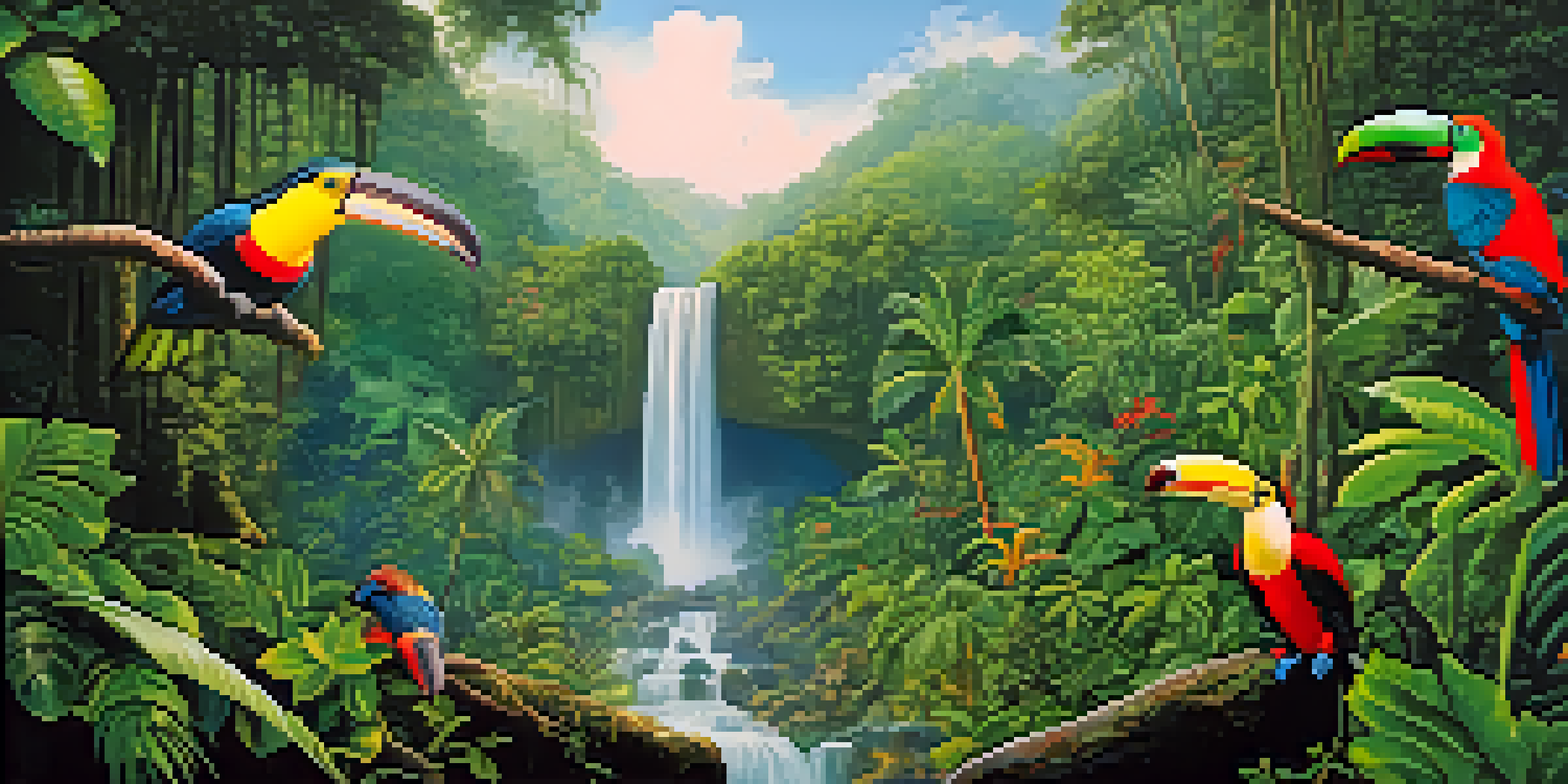 A colorful Amazon rainforest with toucans perched on trees, sunlight filtering through the leaves, and a waterfall in the background.