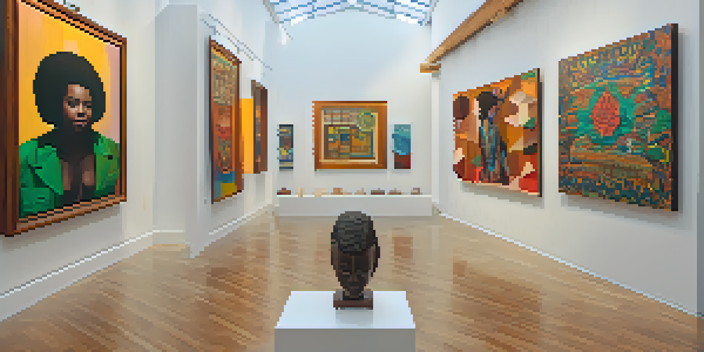 Interior of an Afro-Brazilian art gallery filled with colorful paintings and sculptures, with visitors admiring the artwork under soft natural light.