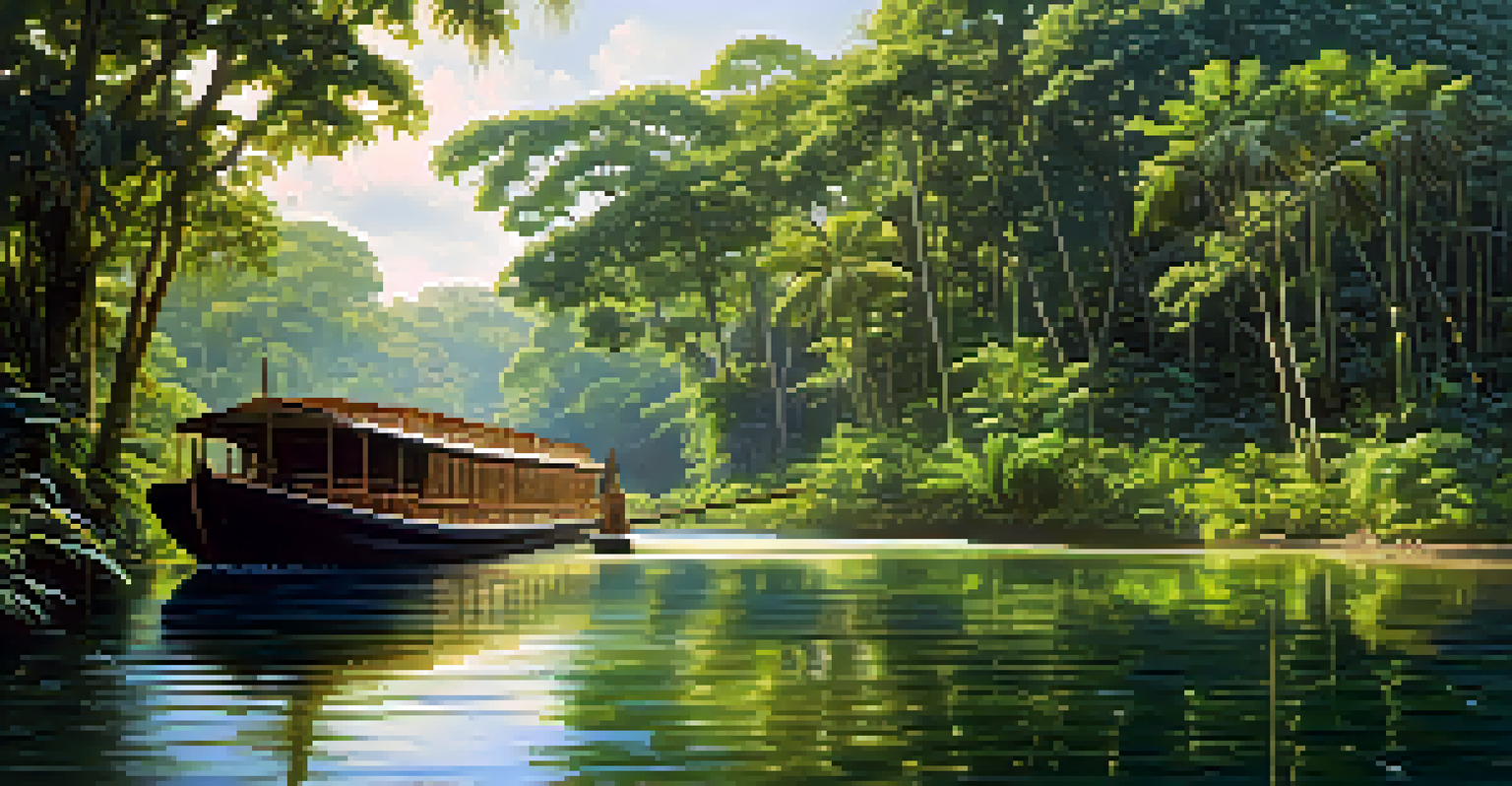 A tranquil scene in the Amazon Rainforest with a riverboat and capybaras by the riverbank, surrounded by lush greenery.