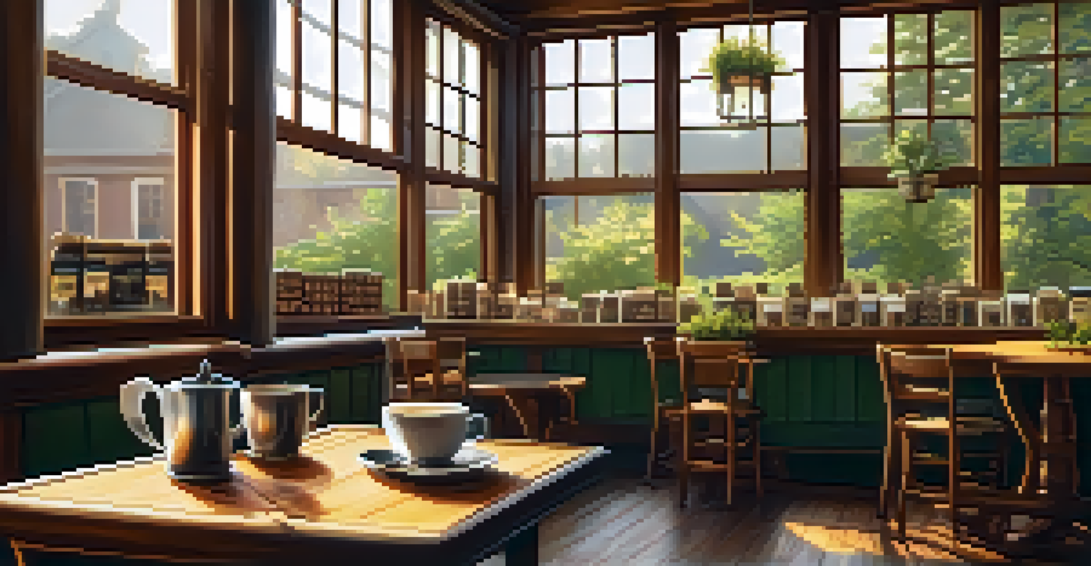 A rustic coffee shop with a table displaying coffee beans and a cup of coffee, illuminated by sunlight.