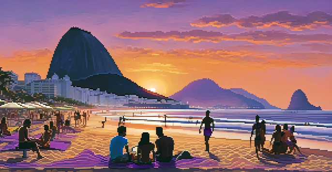 A sunset view of Copacabana Beach, showcasing golden sand, Sugarloaf Mountain, and beachgoers enjoying the scenery.