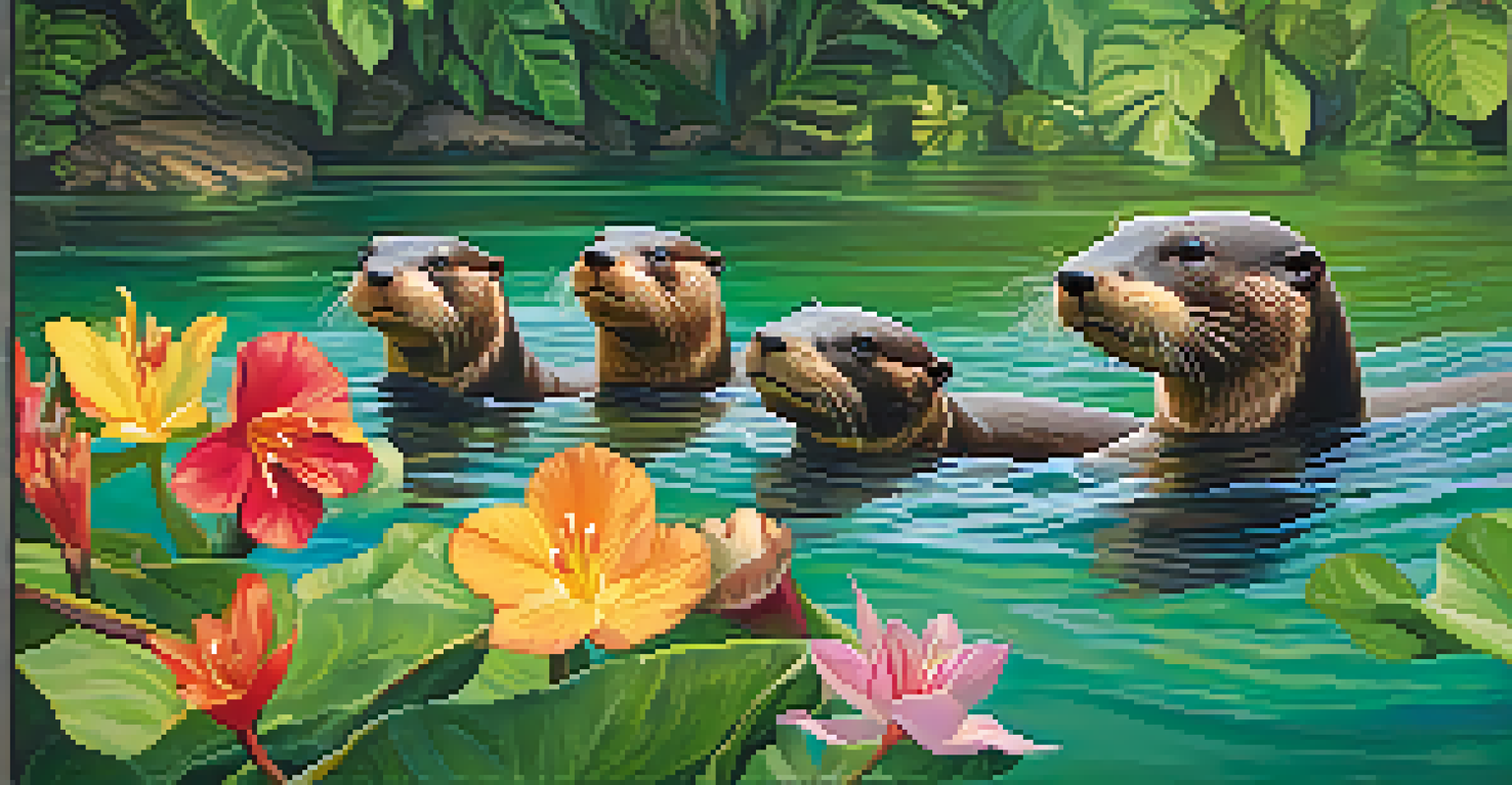 A group of playful giant river otters swimming in a clear river with lush greenery around.