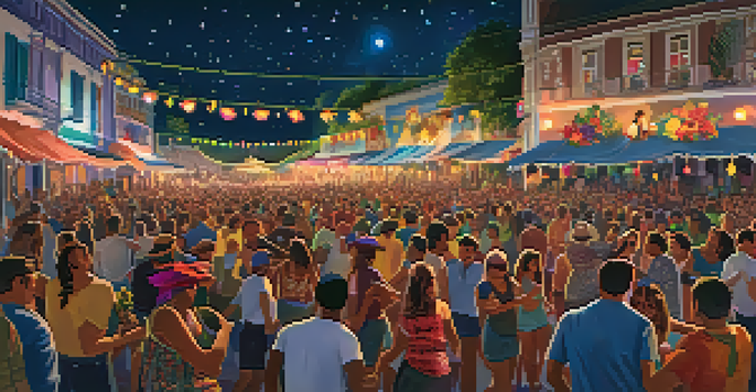 A crowded festival scene with people dancing and enjoying music, illuminated by colorful lights, with a stage featuring a performer.