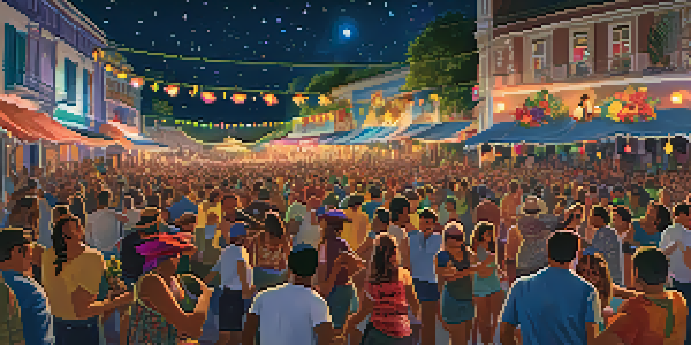 A crowded festival scene with people dancing and enjoying music, illuminated by colorful lights, with a stage featuring a performer.