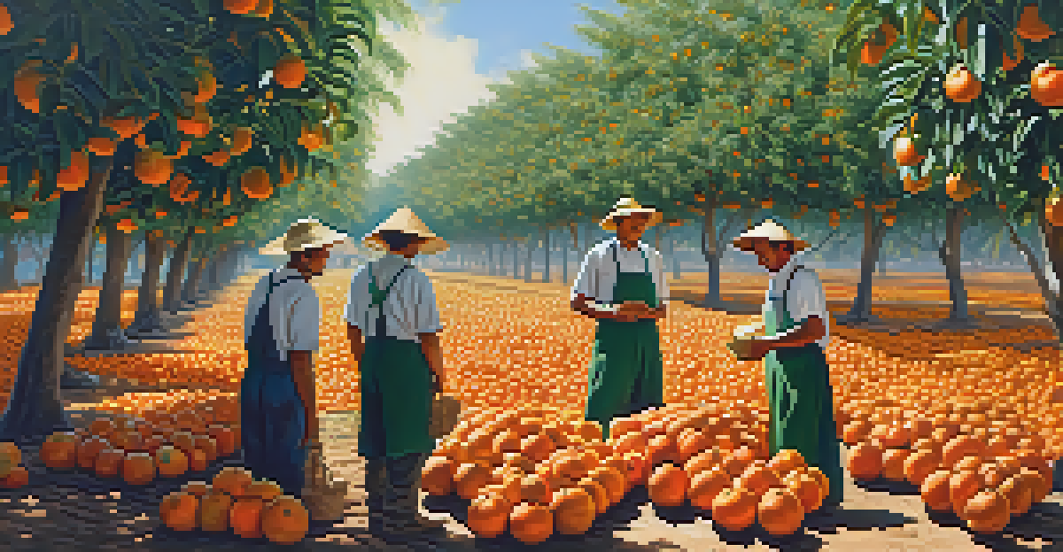 Farmers harvesting oranges in a sunny grove, surrounded by green leaves and bright orange fruits, showcasing teamwork and community.
