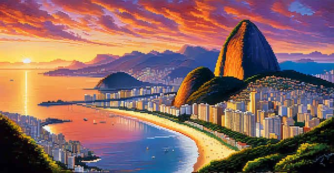 Aerial view of Rio de Janeiro with Copacabana Beach and Sugarloaf Mountain during sunset, featuring colorful paragliders in the sky.