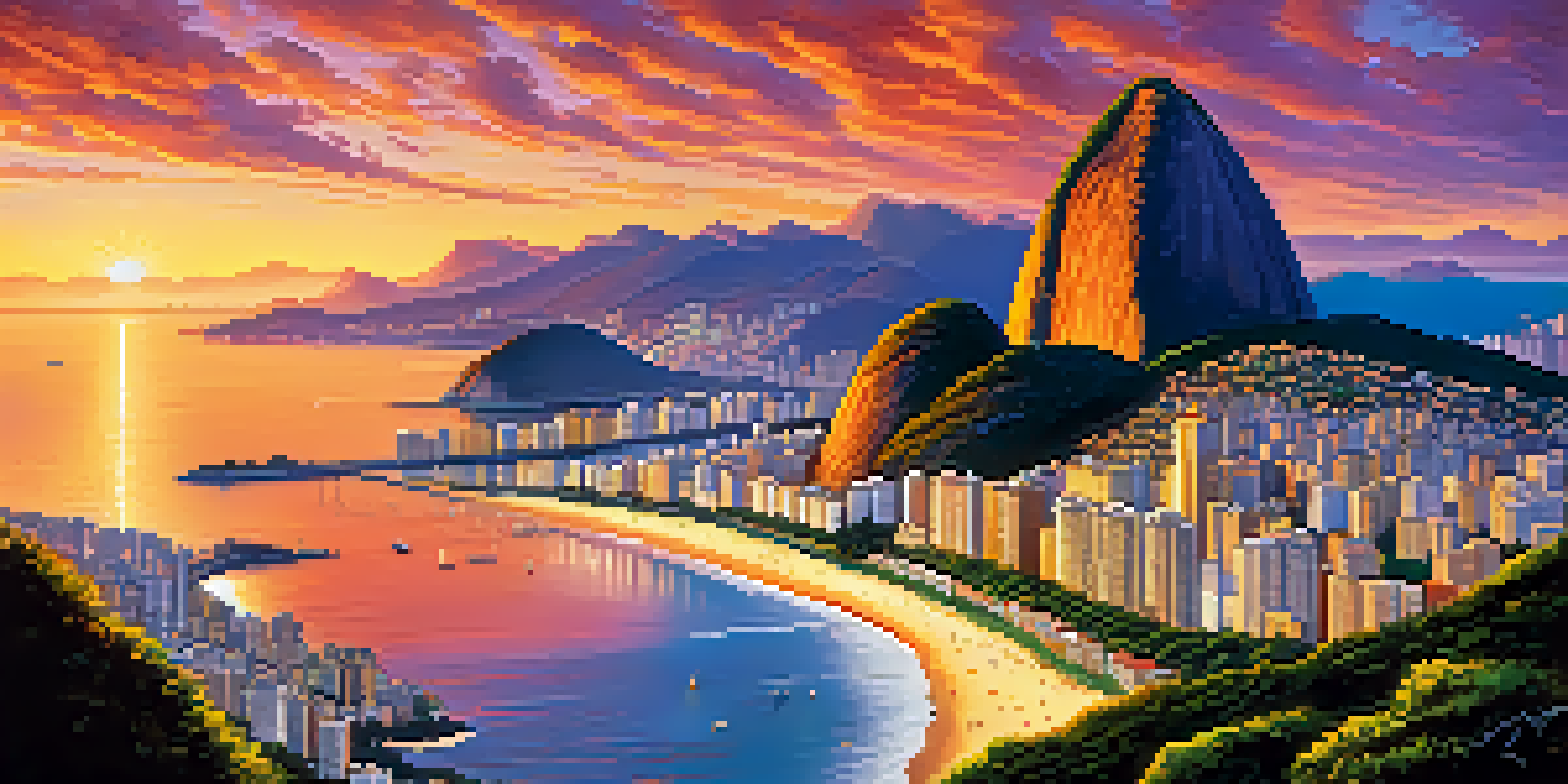 Aerial view of Rio de Janeiro with Copacabana Beach and Sugarloaf Mountain during sunset, featuring colorful paragliders in the sky.
