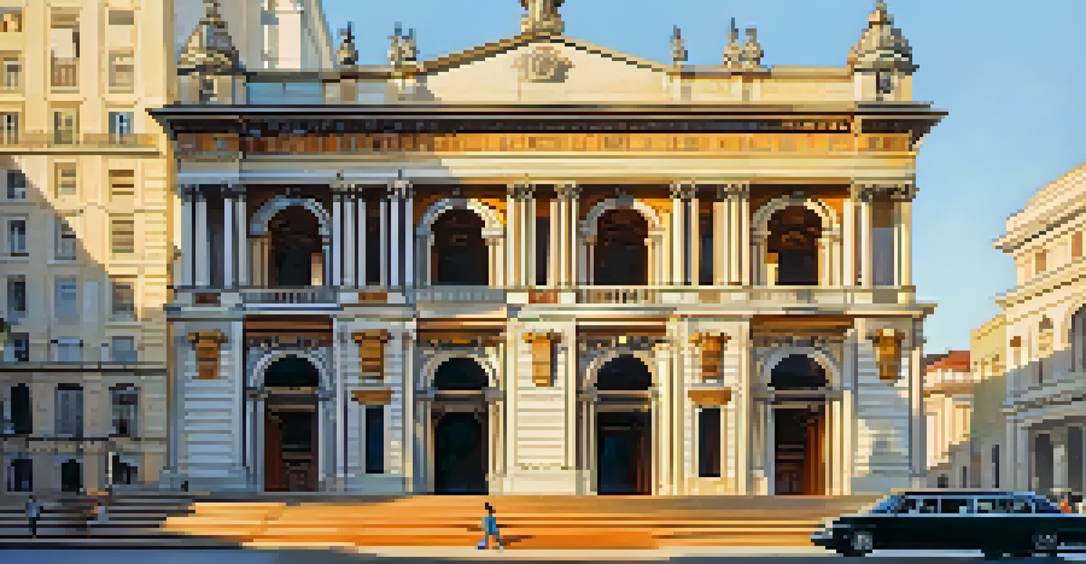 The Neoclassical facade of Theatro Municipal in Rio de Janeiro, illuminated by warm golden hour sunlight.
