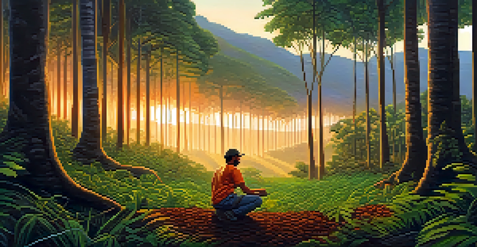 A tourist planting a young tree in the Atlantic Forest, with towering trees and a warm sunset in the background.