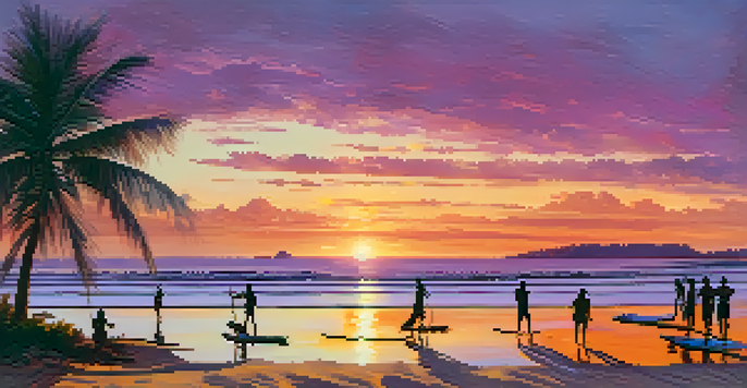 A panoramic view of Jericoacoara beach during sunset, with colorful skies and silhouettes of people and windsurfers.