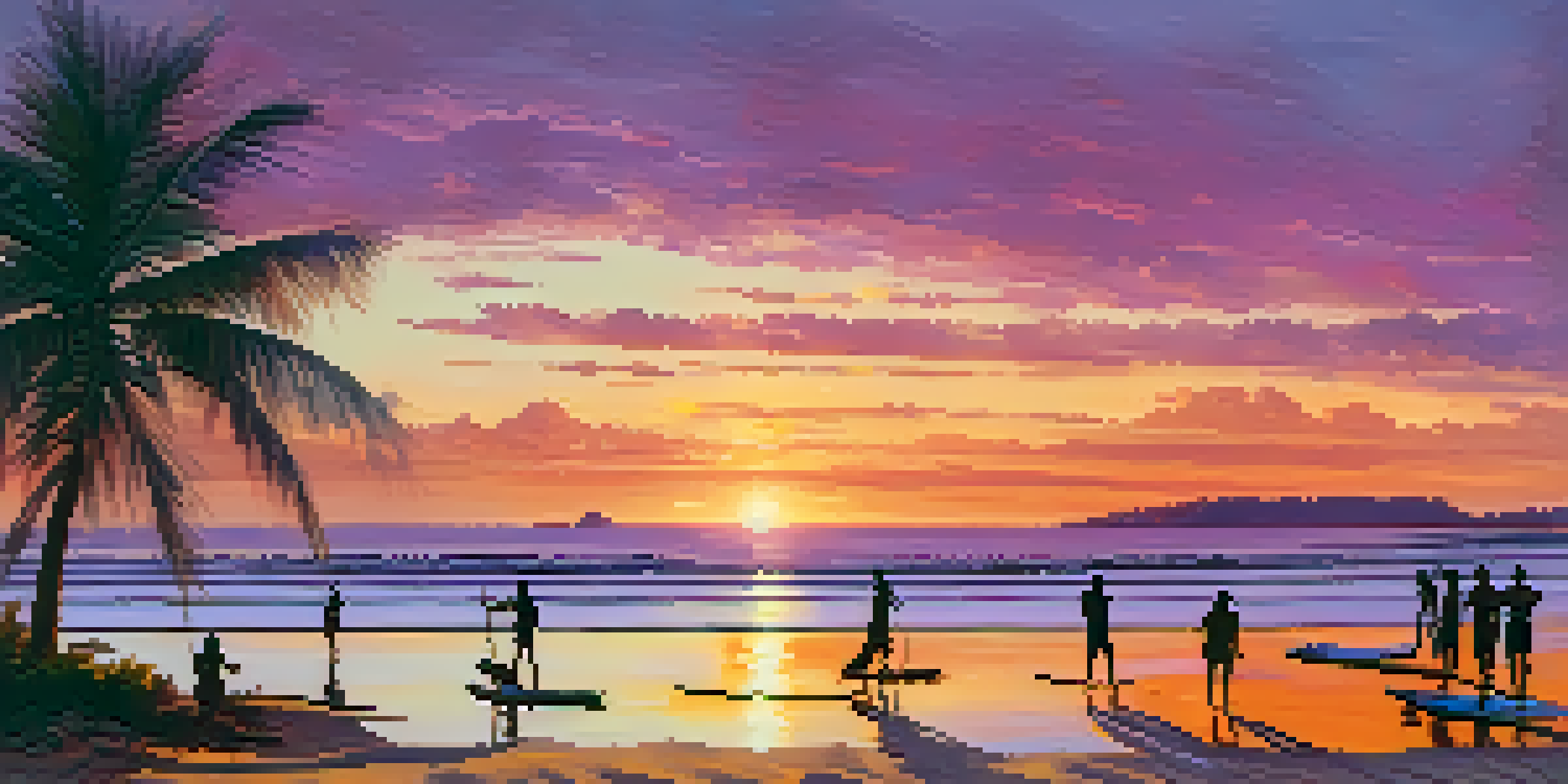 A panoramic view of Jericoacoara beach during sunset, with colorful skies and silhouettes of people and windsurfers.