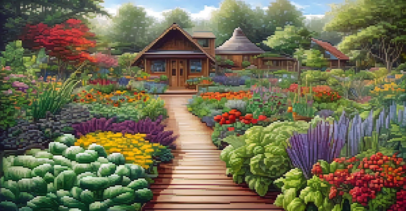 A lush organic garden at an eco-lodge with colorful vegetables and flowers, and a wooden path leading to the lodge in the background.