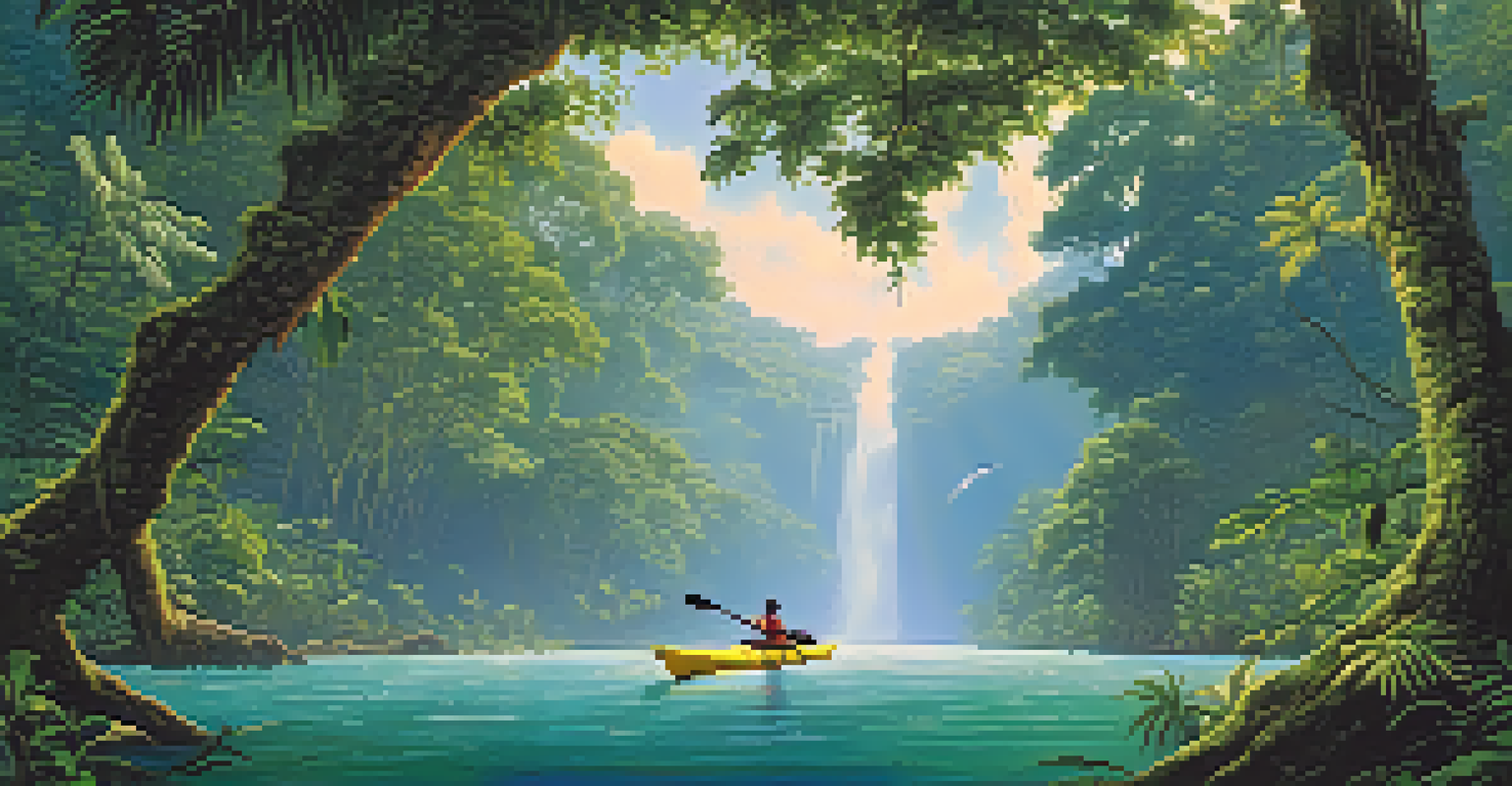 A volunteer kayaking in the Amazon rainforest, surrounded by towering trees and vibrant wildlife.