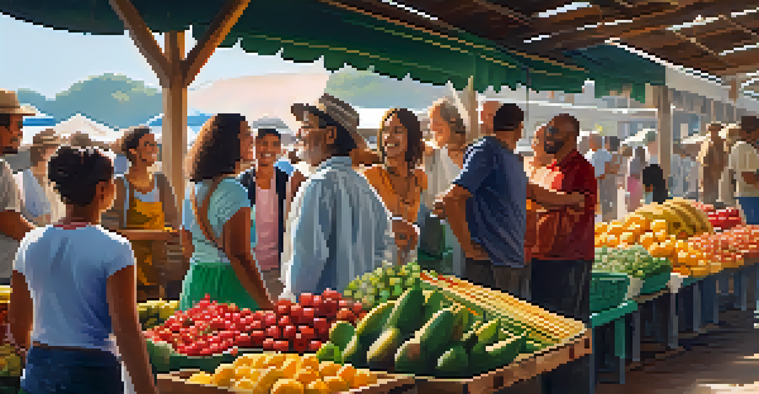 A lively outdoor market in Brazil with people greeting each other warmly, surrounded by colorful stalls of fresh fruits and local crafts.