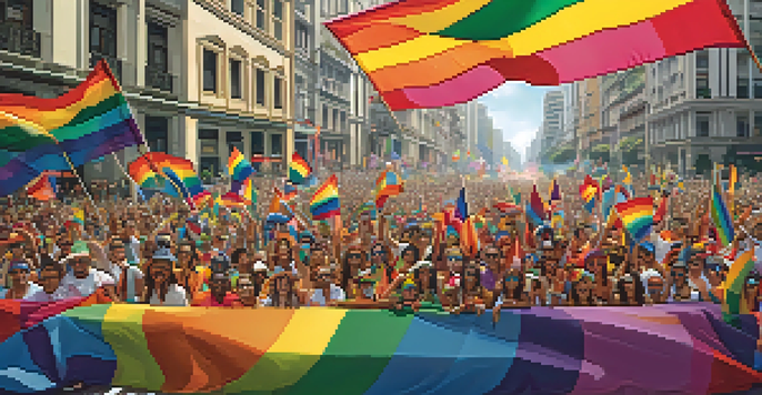 A lively Pride parade in São Paulo with a diverse crowd in colorful outfits and rainbow flags, surrounded by festive decorations and balloons.