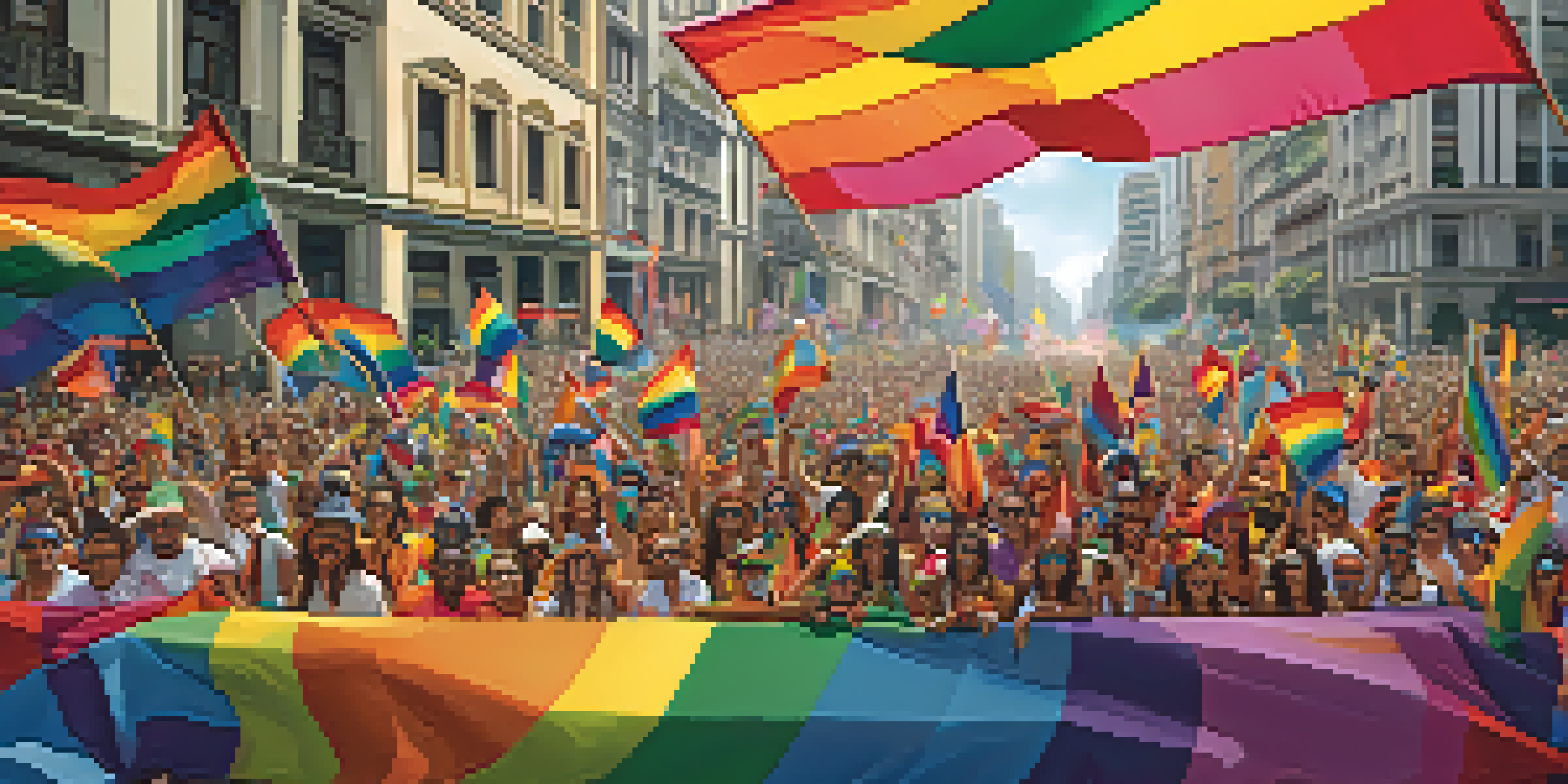 A lively Pride parade in São Paulo with a diverse crowd in colorful outfits and rainbow flags, surrounded by festive decorations and balloons.