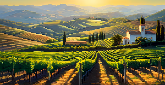 A scenic landscape of Serra Gaúcha featuring rolling hills and vineyards during harvest, with warm sunlight illuminating the scene.