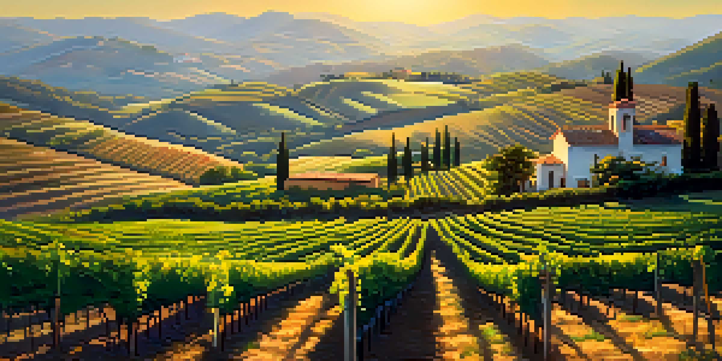 A scenic landscape of Serra Gaúcha featuring rolling hills and vineyards during harvest, with warm sunlight illuminating the scene.