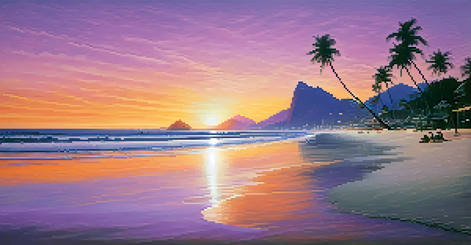 A tranquil beach sunset in Rio de Janeiro, featuring silhouettes of palm trees and vibrant colors in the sky.